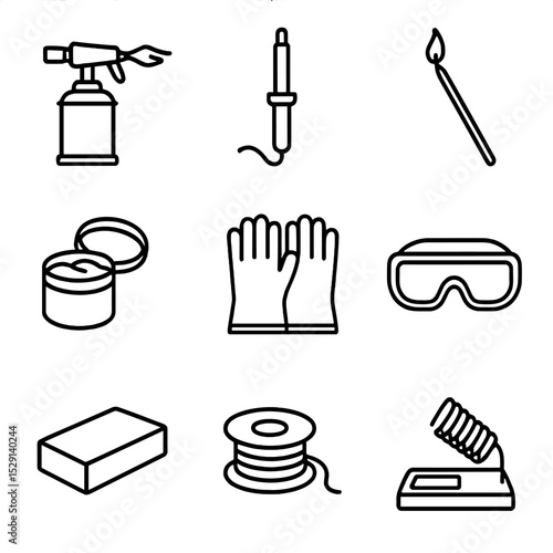 Soldering Tools Icons. Outline icon set of soldering and brazing tools: blow torch, soldering iron, brazing rod, flux paste,