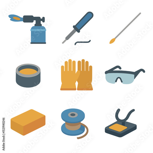 Soldering Tools Icons. Flat icon set of soldering and brazing tools: blow torch, soldering iron, brazing rod, flux paste,