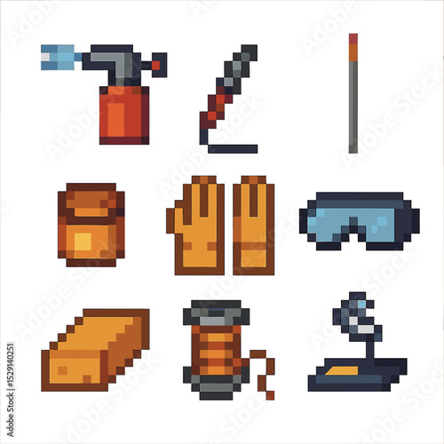 Soldering Tools Icons. Pixel art icon set of soldering and brazing tools: blow torch, soldering iron, brazing rod, flux paste,