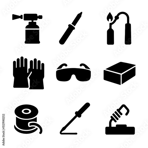 Soldering Tools Icons. Solid, Filled icon set of soldering and brazing tools: blow torch, soldering iron, brazing rod, flux paste,