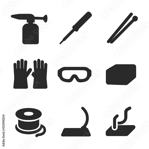 Soldering Tools Icons. Solid, Filled icon set of soldering and brazing tools: blow torch, soldering iron, brazing rod, flux paste,