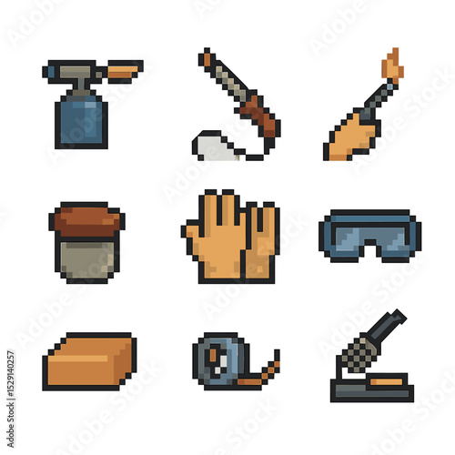 Soldering Tools Icons. Pixel art icon set of soldering and brazing tools: blow torch, soldering iron, brazing rod, flux paste,