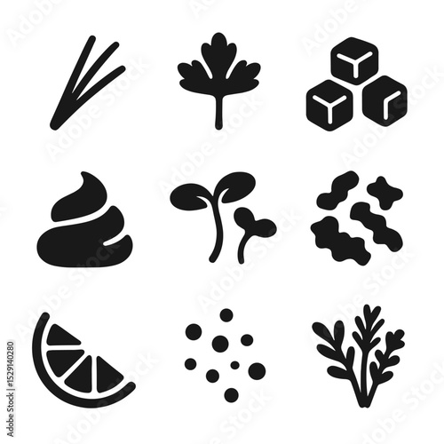 Soup Garnish Icons. Solid, Filled icon set of soup garnishes: chives, parsley sprig, croutons, cream swirl, microgreens, crumbled