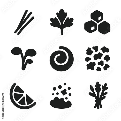 Soup Garnish Icons. Solid, Filled icon set of soup garnishes: chives, parsley sprig, croutons, cream swirl, microgreens, crumbled