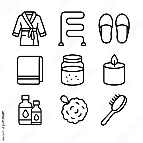 Spa Essentials Icons. Outline icon set of spa essentials: bathrobe, towel warmer, slippers, bath salts, scented candle, essential