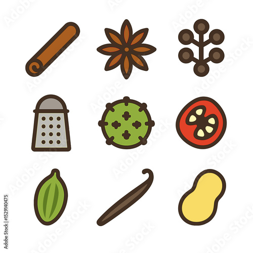 Spice Garnish Icons. Flat icon set of spice garnishes: cinnamon stick, star anise, peppercorn cluster, nutmeg grater,