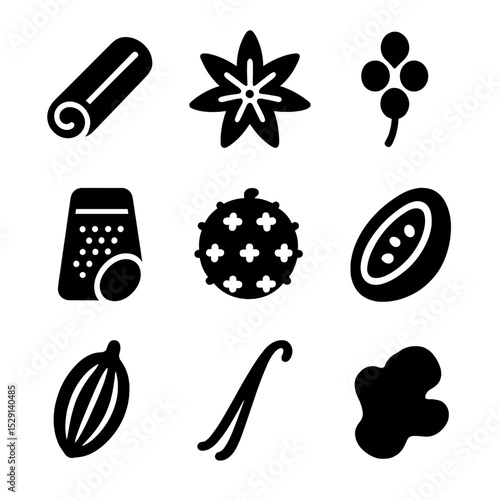 Spice Garnish Icons. Solid, Filled icon set of spice garnishes: cinnamon stick, star anise, peppercorn cluster, nutmeg grater,