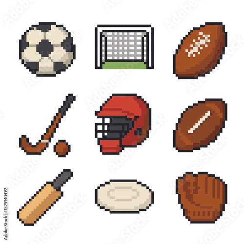 Sports Icon Grid. Pixel art icon set of team field sports: soccer ball, goal post, rugby ball, field hockey stick, lacrosse helmet