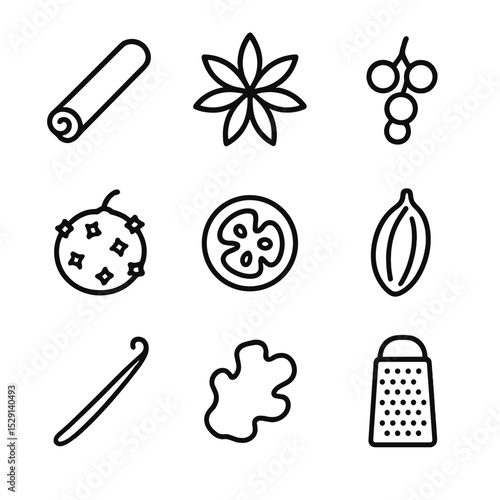 Spice Icon Set. Outline icon set of spice garnishes: cinnamon stick, star anise, peppercorn cluster, nutmeg grater, clove-studded
