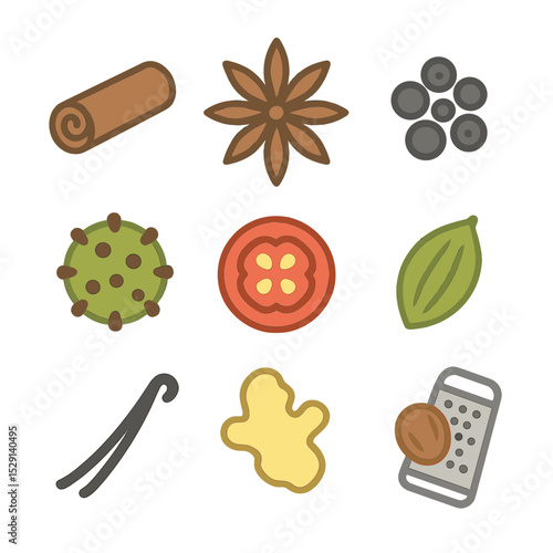 Spice Garnish Icons. Flat icon set of spice garnishes: cinnamon stick, star anise, peppercorn cluster, nutmeg grater,
