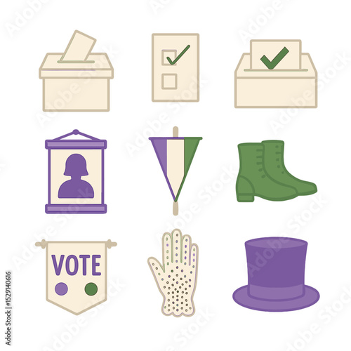 Suffrage Icons Grid. Flat icon set of suffrage movement: ballot box, voting ballot, ballot box with tick, campaigning poster,