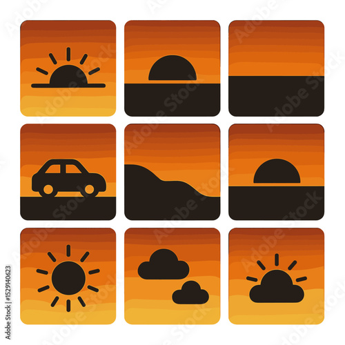 Sunrise and Sunset Icons. Solid, Filled icon set of sunrise and sunset moments: rising sun, setting sun, horizon line, silhouette