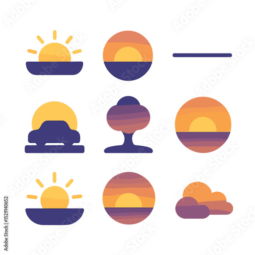 Sunrise Sunset Icons. Flat icon set of sunrise and sunset moments: rising sun, setting sun, horizon line, silhouette of car, color