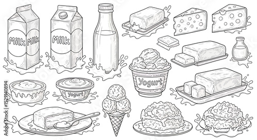 Hand Drawn Dairy Products Doodle Set - Vector Milk & Cheese Illustrations