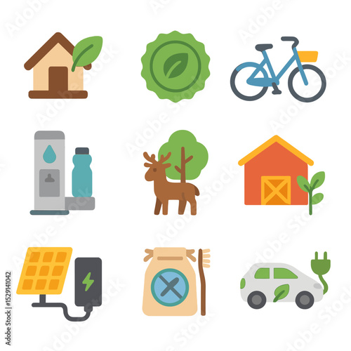 Sustainable Travel Icons. Flat icon set of sustainable travel options: eco-lodge, carbon offset badge, bike share, electric