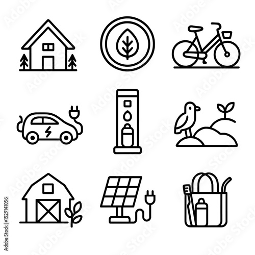 Sustainable Travel Icons. Outline icon set of sustainable travel options: eco-lodge, carbon offset badge, bike share, electric