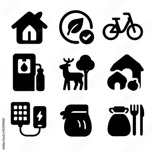 Sustainable Travel Icons. Solid, Filled icon set of sustainable travel options: eco-lodge, carbon offset badge, bike share,
