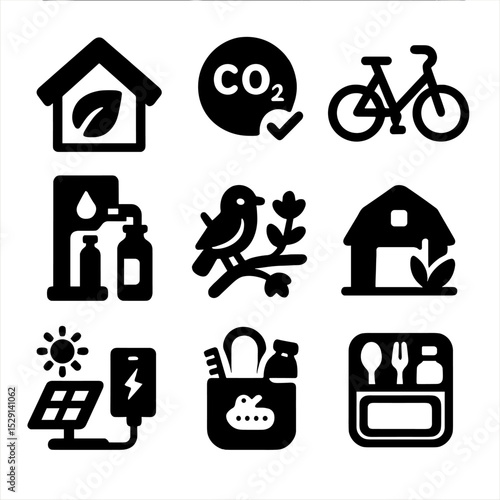 Sustainable Travel Icons. Solid, Filled icon set of sustainable travel options: eco-lodge, carbon offset badge, bike share,
