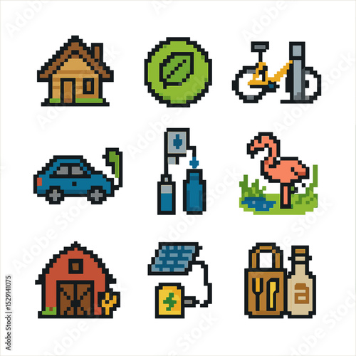 Sustainable Travel Icons. Pixel art icon set of sustainable travel options: eco-lodge, carbon offset badge, bike share, electric
