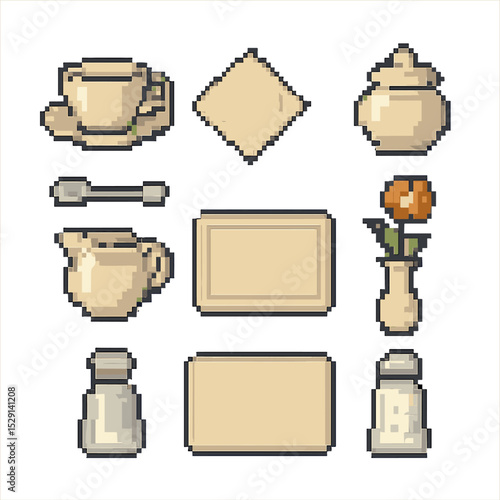 Table Setting Icons. Pixel art icon set of table settings: porcelain cup, saucer, teaspoon, napkin, sugar bowl, creamer jug,
