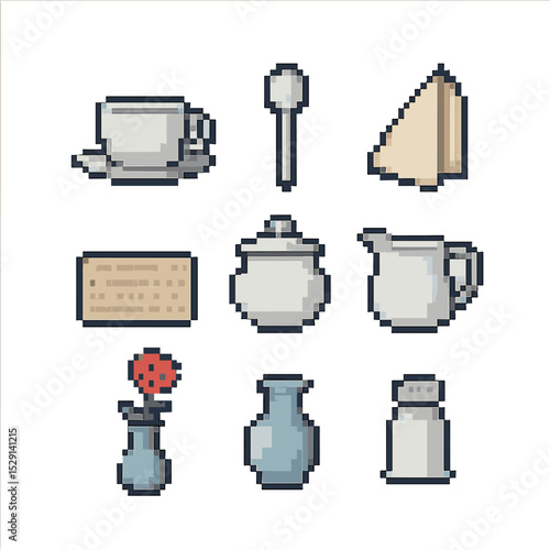 Table Setting Icons. Pixel art icon set of table settings: porcelain cup, saucer, teaspoon, napkin, sugar bowl, creamer jug,