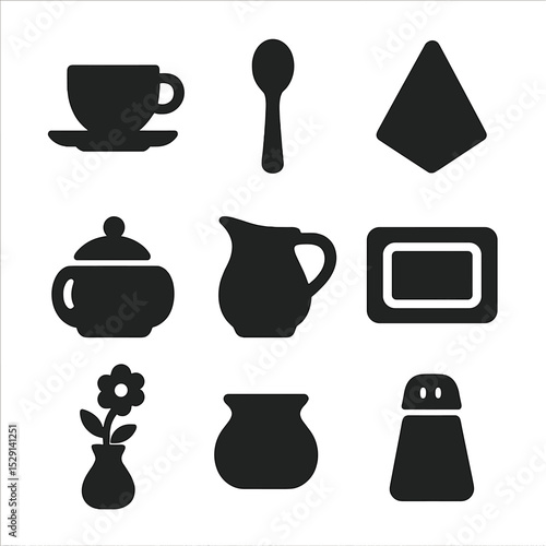 Tableware Icon Collection. Solid, Filled icon set of table settings: porcelain cup, saucer, teaspoon, napkin, sugar bowl, creamer