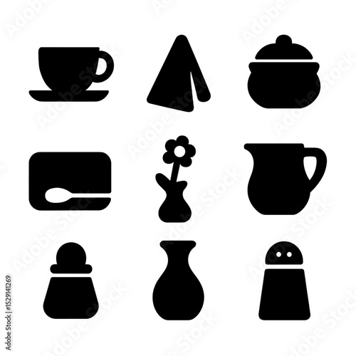 Tableware Icon Collection. Solid, Filled icon set of table settings: porcelain cup, saucer, teaspoon, napkin, sugar bowl, creamer