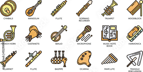 Collection of Musical Instrument Icons  Vector Illustrations of Cymbals, Mandolin, Flute, Clarinet, Trumpet, and More for Design Projects