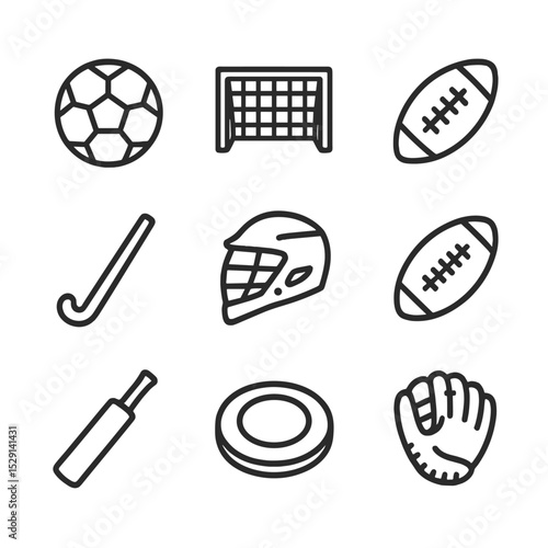 Team Sports Icon Set. Outline icon set of team field sports: soccer ball, goal post, rugby ball, field hockey stick, lacrosse
