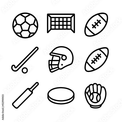 Team Sports Icon Set. Outline icon set of team field sports: soccer ball, goal post, rugby ball, field hockey stick, lacrosse