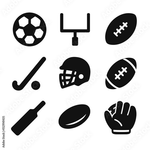 Team Sports Icons. Solid, Filled icon set of team field sports: soccer ball, goal post, rugby ball, field hockey stick, lacrosse