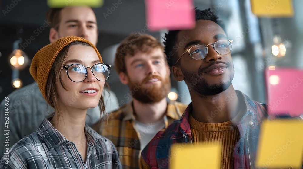 Obraz premium Diverse team brainstorming ideas on glass wall using sticky notes in office space