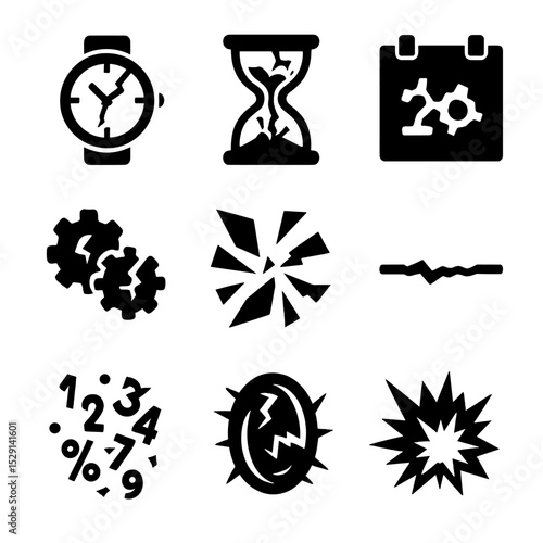 Temporal Fracture Icons. Solid, Filled icon set of temporal fracture visuals: cracked watch face, shattered hourglass, splintered