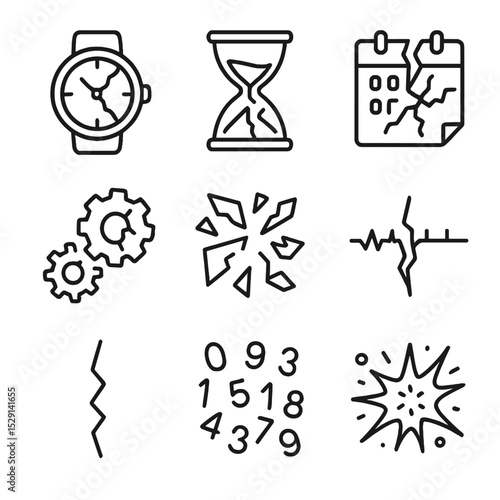 Temporal Fracture Icons. Outline icon set of temporal fracture visuals: cracked watch face, shattered hourglass, splintered