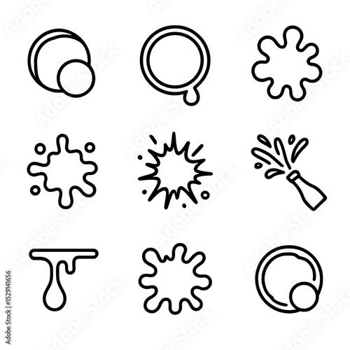 Thematic Splash Icons. Outline icon set of thematic splashes: wine stain splash, coffee ring drip, ink blot, mud spatter, blood