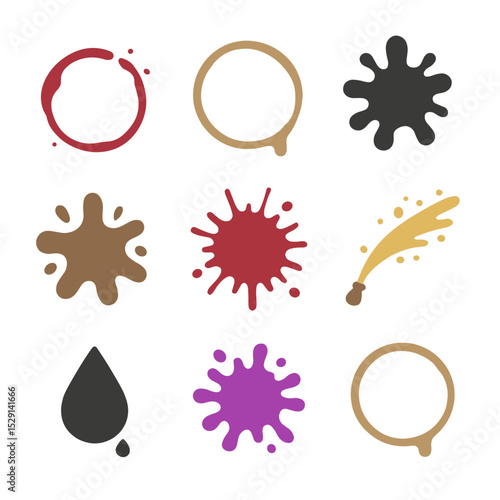 Thematic Icon Splashes. Flat icon set of thematic splashes: wine stain splash, coffee ring drip, ink blot, mud spatter, blood