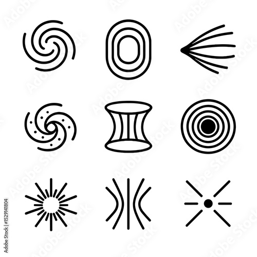 Time Vortex Icons. Outline icon set of time vortex representations: swirling vortex, tunnel outline, light trail, spiral galaxy,