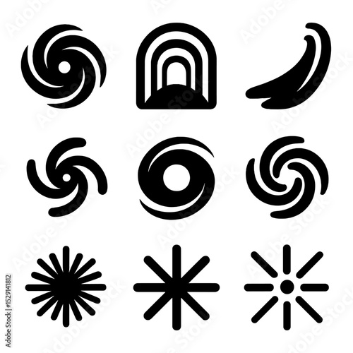 Time Vortex Icons. Solid, Filled icon set of time vortex representations: swirling vortex, tunnel outline, light trail, spiral