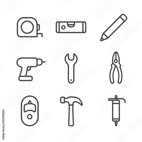 Tool Icon Collection. Outline icon set of installation tools: tape measure, spirit level, pencil, drill, wrench, pliers, stud