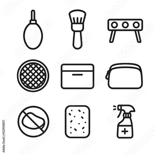 Tool Maintenance Icons. Outline icon set of tool maintenance items: puff cleaner, brush cleaner, drying rack, mesh cover, storage