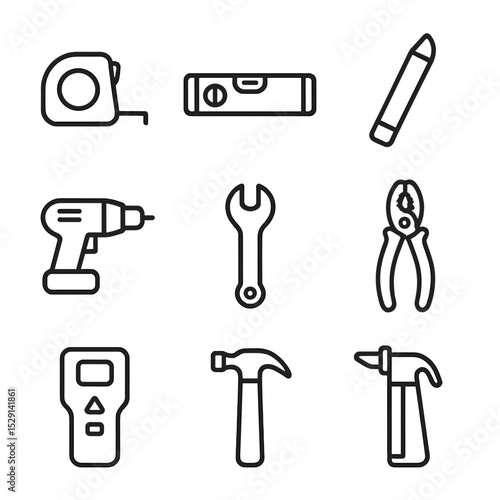 Tool Icon Collection. Outline icon set of installation tools: tape measure, spirit level, pencil, drill, wrench, pliers, stud