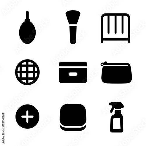 Tool Maintenance Icons. Flat icon set of tool maintenance items: puff cleaner, brush cleaner, drying rack, mesh cover, storage box