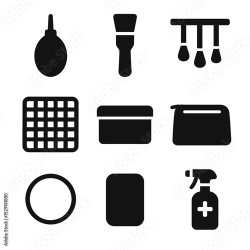 Tool Maintenance Icons. Solid, Filled icon set of tool maintenance items: puff cleaner, brush cleaner, drying rack, mesh cover,