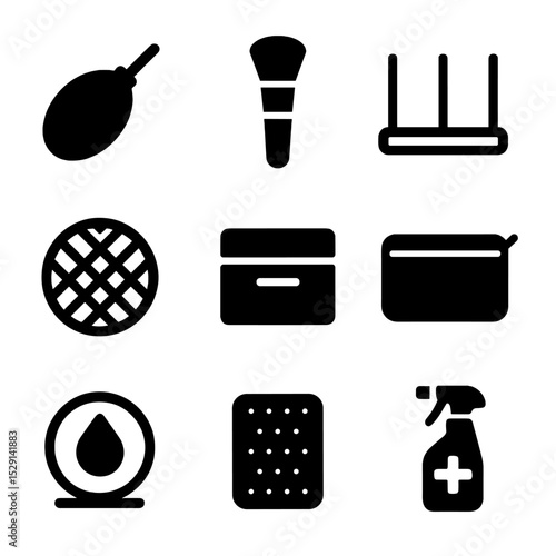 Tool Maintenance Icons. Flat icon set of tool maintenance items: puff cleaner, brush cleaner, drying rack, mesh cover, storage box