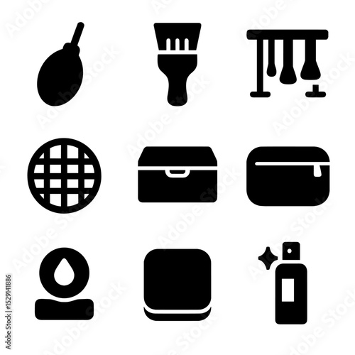 Tool Maintenance Icons. Solid, Filled icon set of tool maintenance items: puff cleaner, brush cleaner, drying rack, mesh cover,