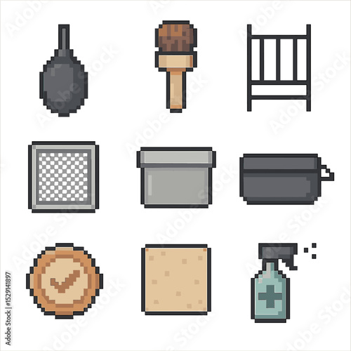 Tool Maintenance Icons. Pixel art icon set of tool maintenance items: puff cleaner, brush cleaner, drying rack, mesh cover,