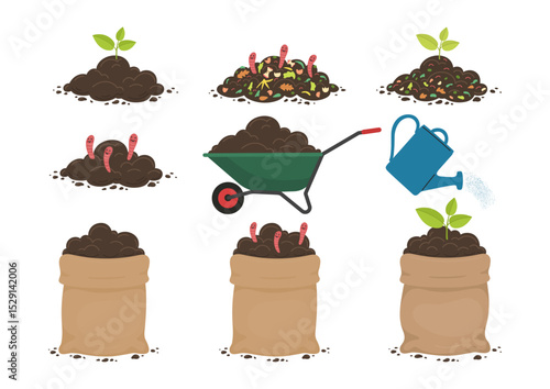 Farming and agriculture set. Soil with young plant, worms, compost. Soil in bags and wheelbarrow.