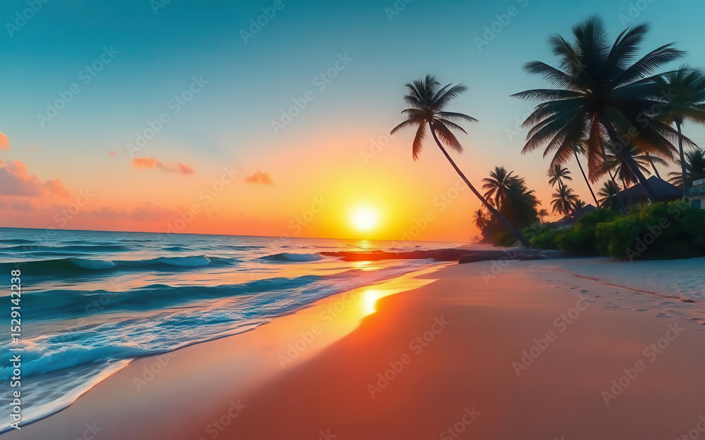 Fototapeta premium Tropical beach sunset with palm trees and ocean waves