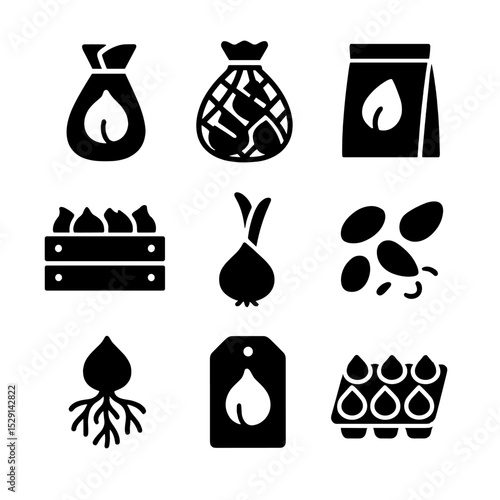 Tulip Bulb Icons. Solid, Filled icon set of tulip bulbs and seeds: paper-wrapped bulb, mesh bag, seed packet, storage crate, bulb