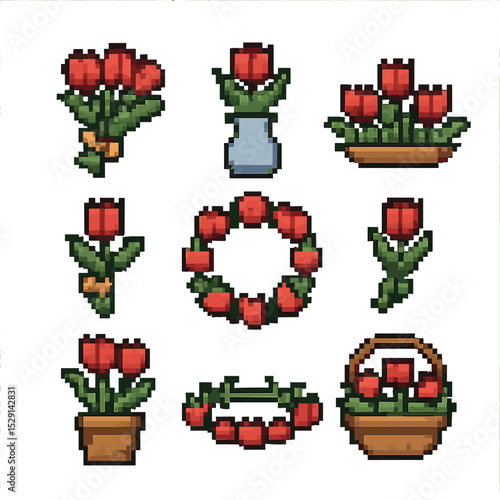 Tulip Icon Collection. Pixel art icon set of tulip arrangements: hand bouquet, vase, centerpiece, wreath, corsage, boutonniere,